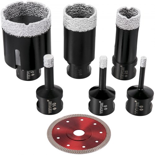 VEVOR Brocas de diamante 6PCS Sierra perforadora de diamante 6/8/10/25/35/51 mm Kit de sierra perforadora para azulejos Broca de diamante soldada al vacío 0.59in Segmento Sierra perforadora para azulejos con una hoja para azulejos Cerámica Porcelana Mármol Piedra