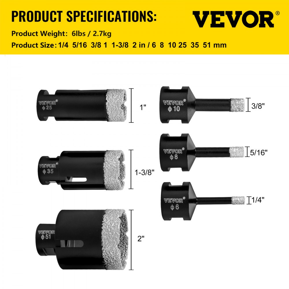 VEVOR Brocas de diamante 6PCS Sierra perforadora de diamante 6/8/10/25/35/51 mm Kit de sierra perforadora para azulejos Broca de diamante soldada al vacío 0.59in Segmento Sierra perforadora para azulejos con una hoja para azulejos Cerámica Porcelana Mármol Piedra
