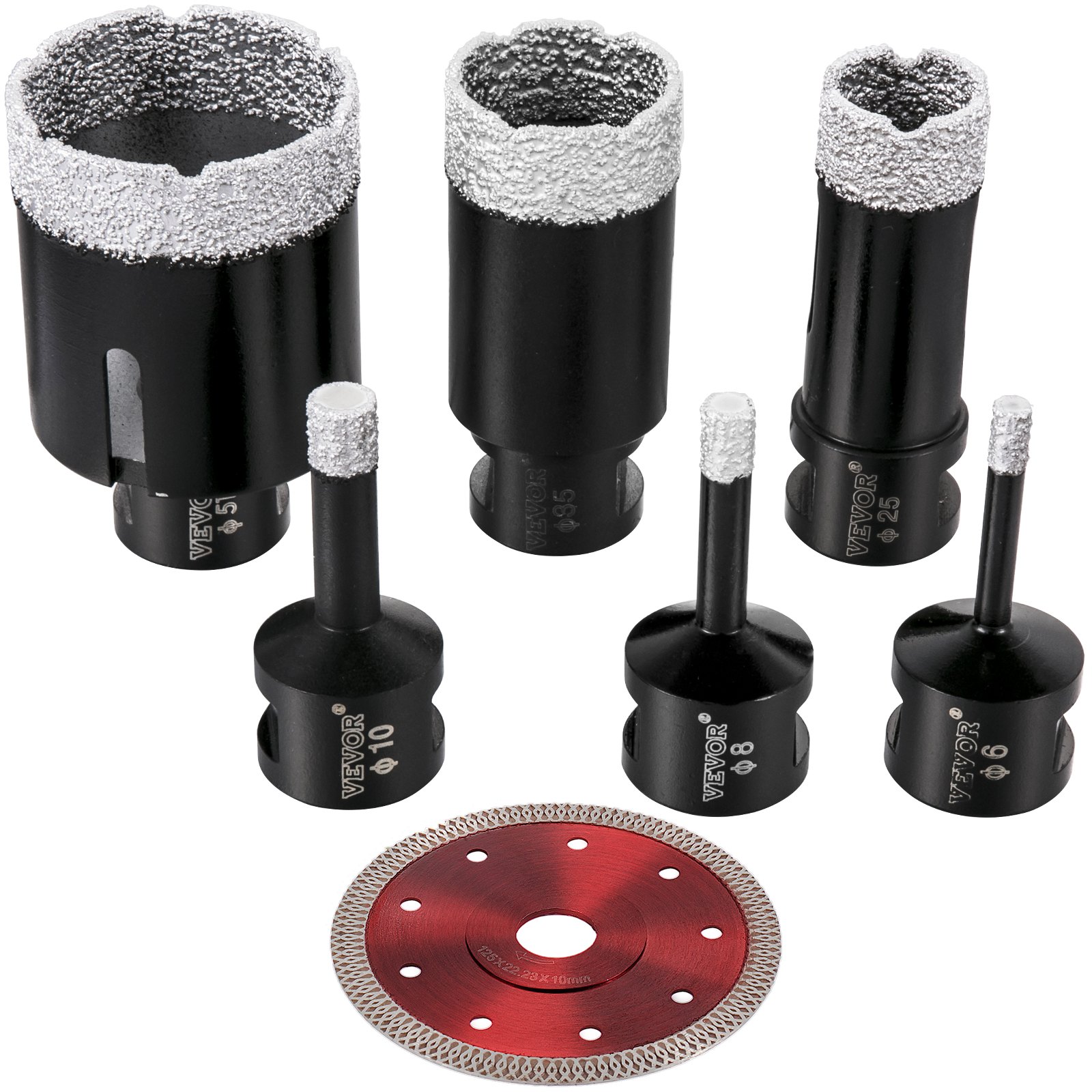 VEVOR Brocas de diamante 6PCS Sierra perforadora de diamante 6/8/10/25/35/51 mm Kit de sierra perforadora para azulejos Broca de diamante soldada al vacío 0.59in Segmento Sierra perforadora para azulejos con una hoja para azulejos Cerámica Porcelana Mármol Piedra