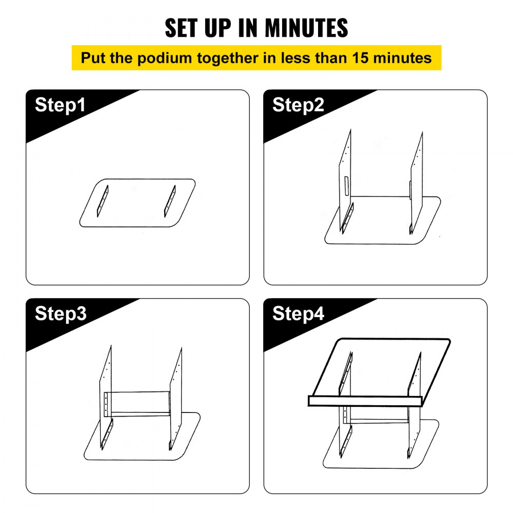 Instrucciones de instalación para podio acrílico VEVOR, destacando cuatro sencillos pasos de montaje.