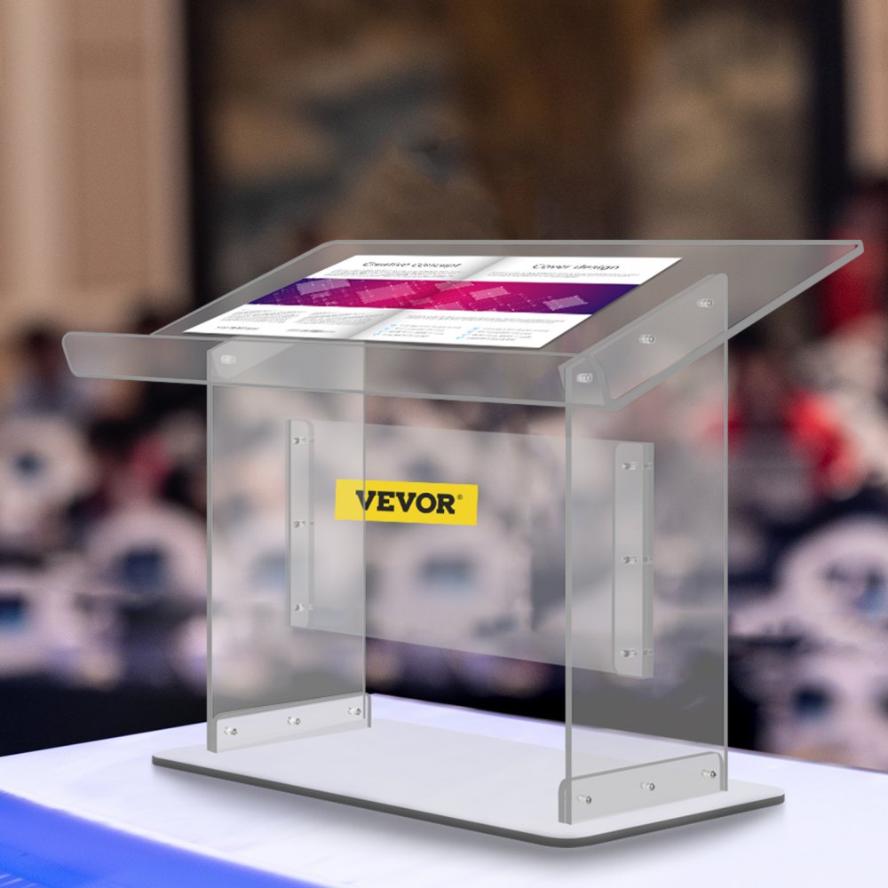 Podio de acrílico VEVOR con diseño transparente, mostrado en un escenario con audiencia borrosa.