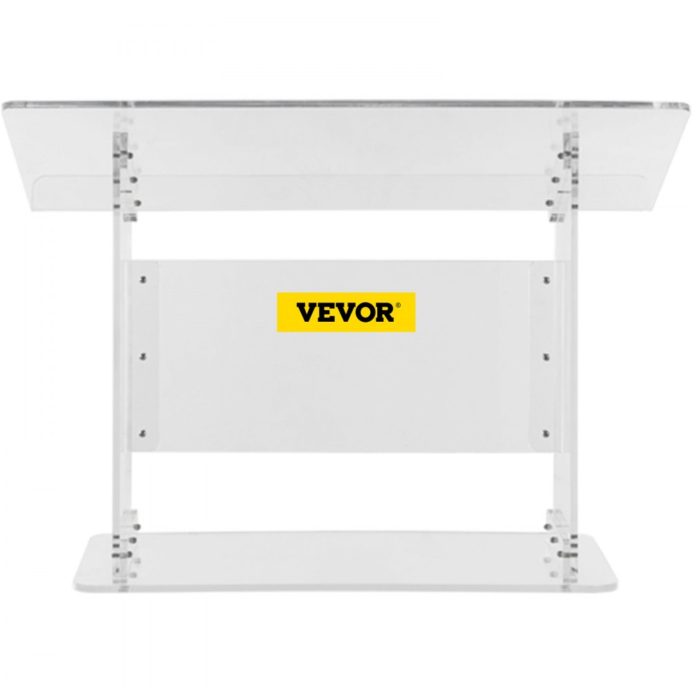 Podio de acrílico transparente VEVOR con panel de marca y construcción resistente.
