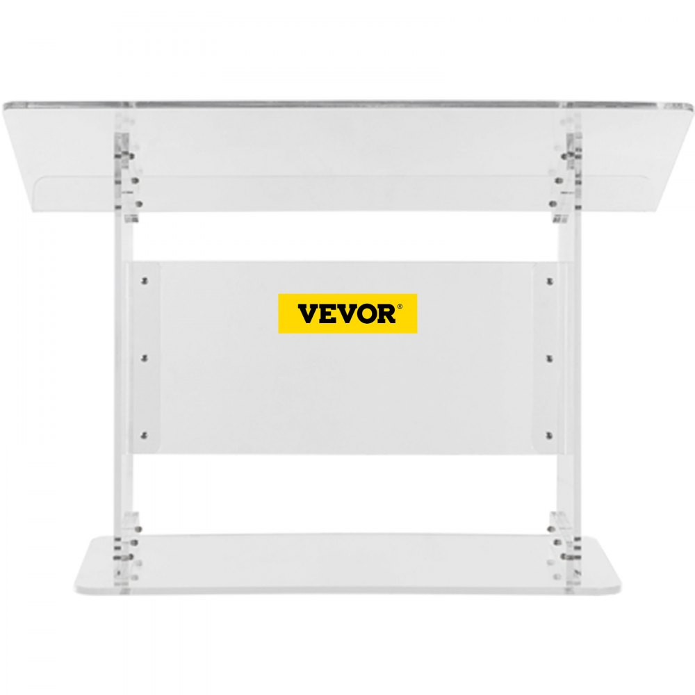 Podio de acrílico VEVOR transparente con base rectangular y logotipo VEVOR en amarillo.
