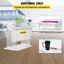 VEVOR Tabletop Acrílico Podio 19.5" Alto Plexiglás Podio 27"x13.7" Mesa Acrílico Púlpitos para Iglesias Superficie inclinada con labio para soporte de libros Atril transparente para lectura Recital Discurso y presentación