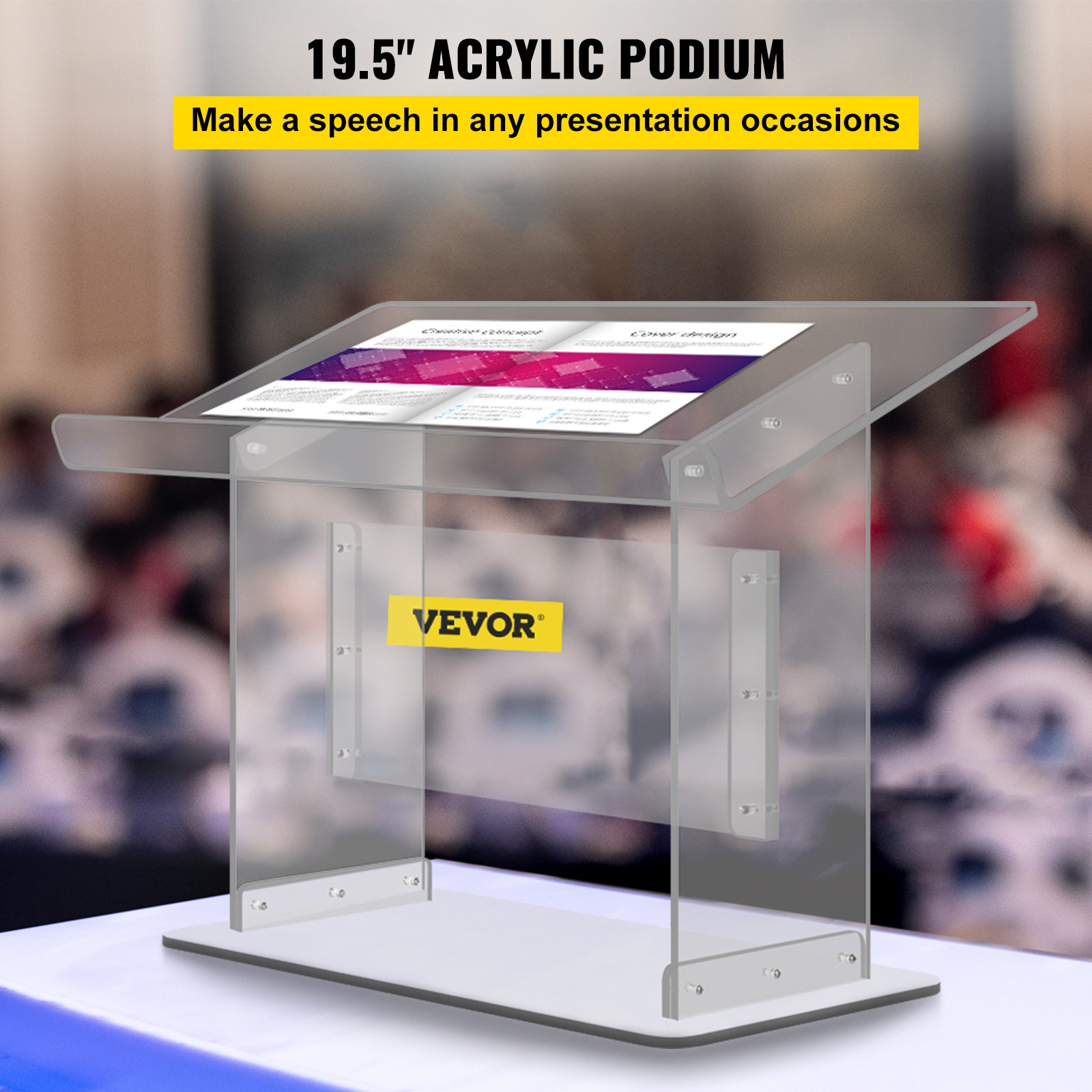 Podio de acrílico VEVOR con soporte para documentos, perfecto para presentaciones y discursos.