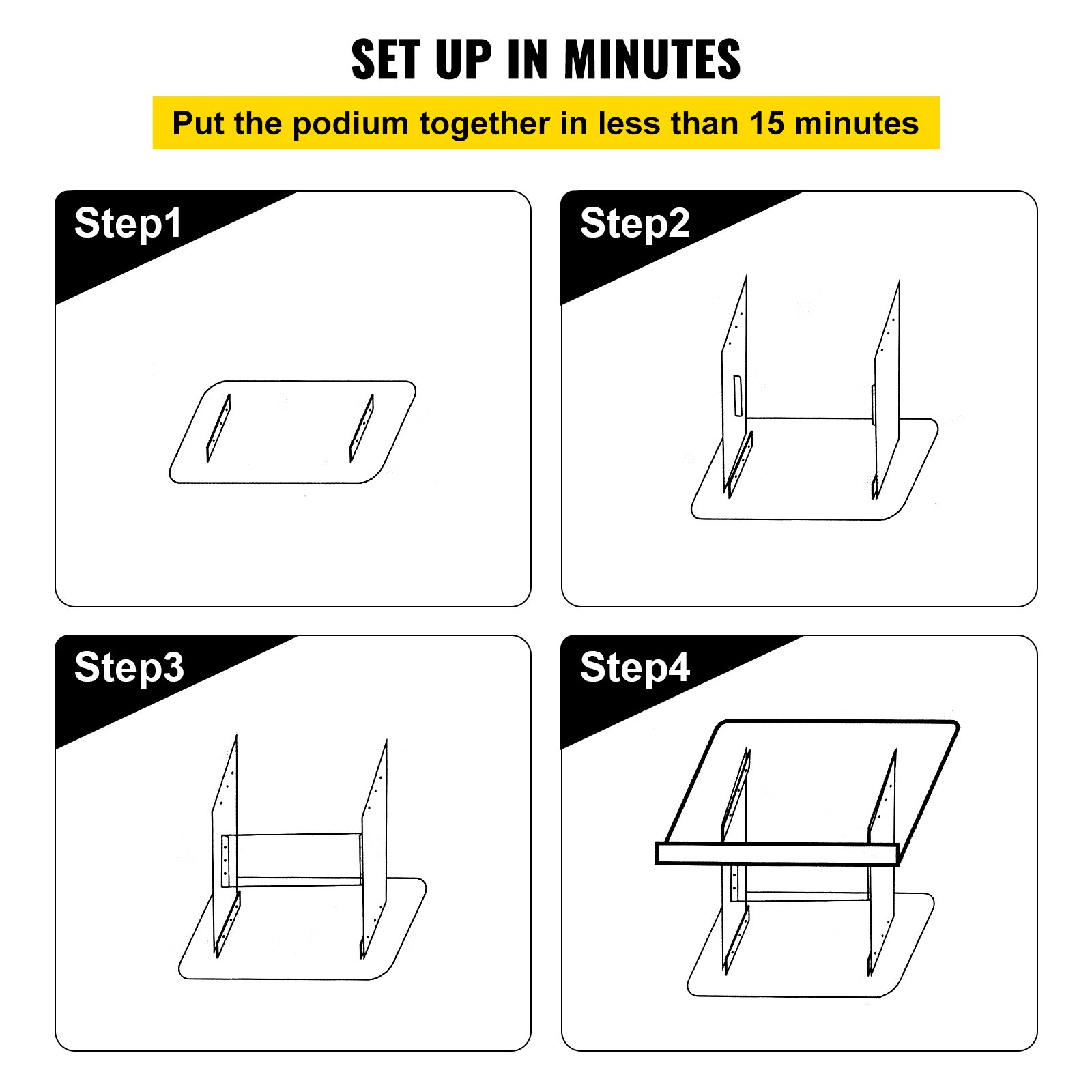 Instrucciones de instalación para podio acrílico VEVOR, destacando cuatro sencillos pasos de montaje.