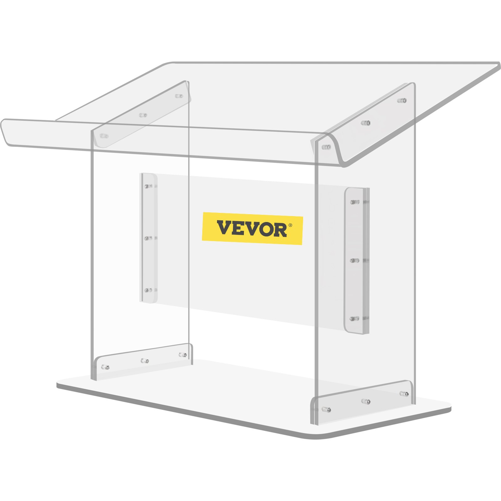 Podio de acrílico VEVOR transparente con parte superior inclinada y soporte central.