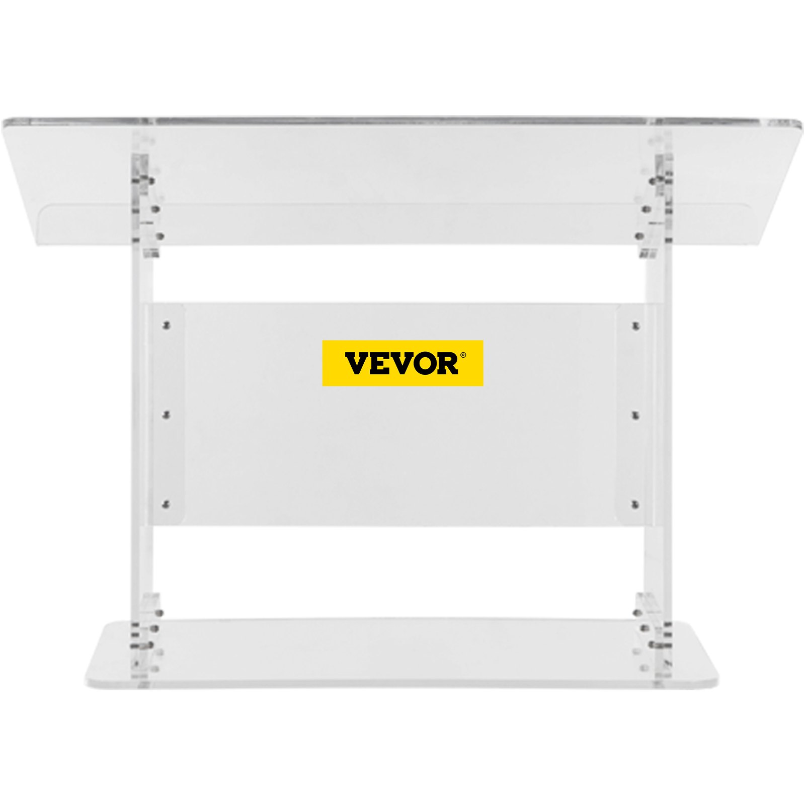 Podio de acrílico transparente VEVOR con panel de marca y construcción resistente.