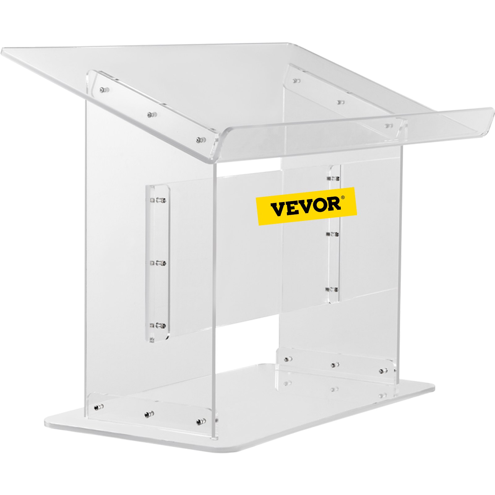 Podio de acrílico VEVOR con diseño transparente y logotipo en el panel frontal.