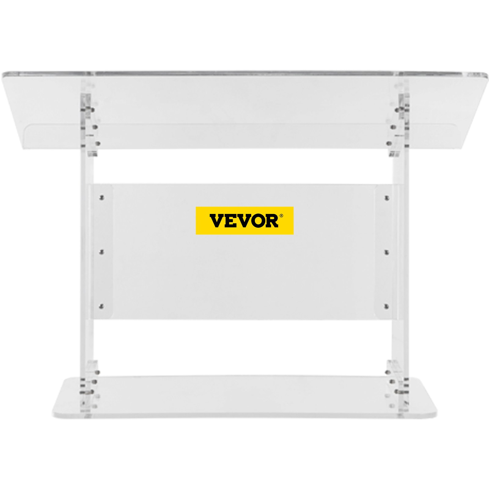 Podio de acrílico VEVOR transparente con base rectangular y logotipo VEVOR en amarillo.