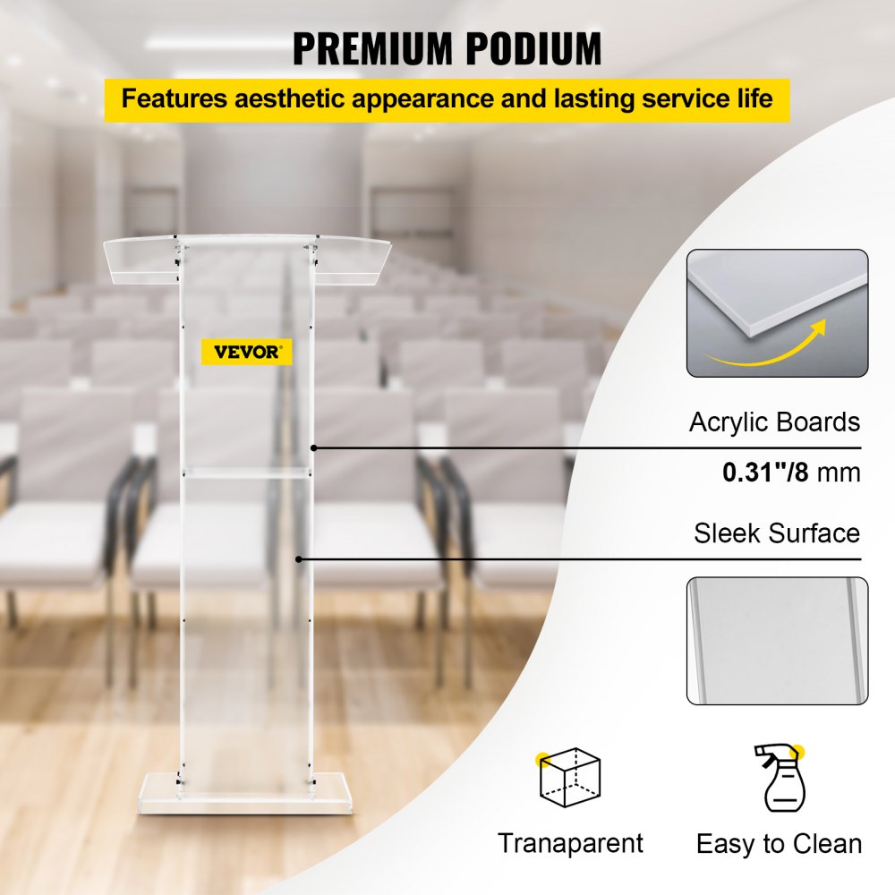 Podio acrílico VEVOR premium en una sala de conferencias, resaltando su diseño elegante y transparente.