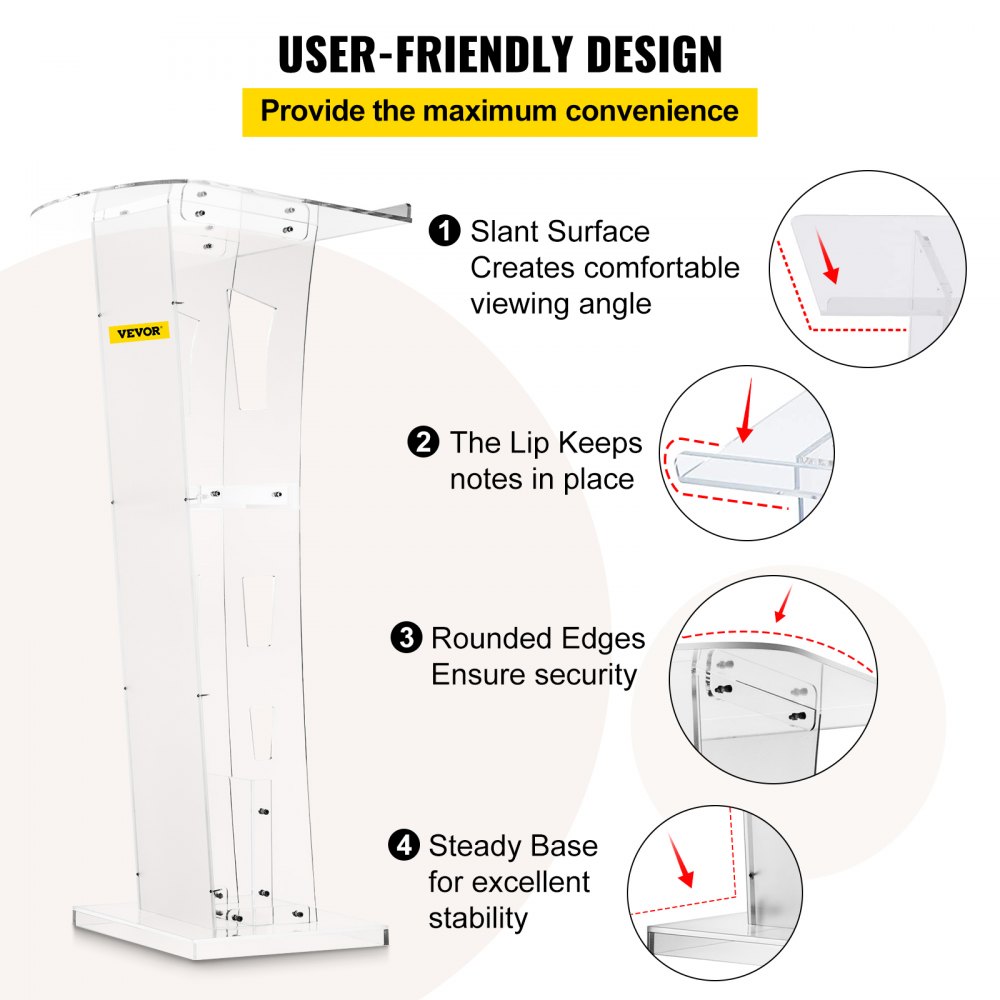Podio acrílico VEVOR de 45" de alto, podio de plexiglás de 26,8" x 15", mesa de púlpitos acrílicos para iglesias con tablero acrílico de 8 mm de grosor, podios y atriles acrílicos, diseño para conferencias, recitales, discursos y presentaciones.