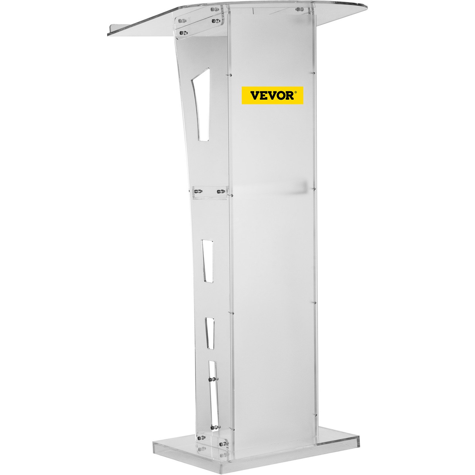 Podio de acrílico VEVOR transparente con diseño moderno y logotipo VEVOR en el frente.