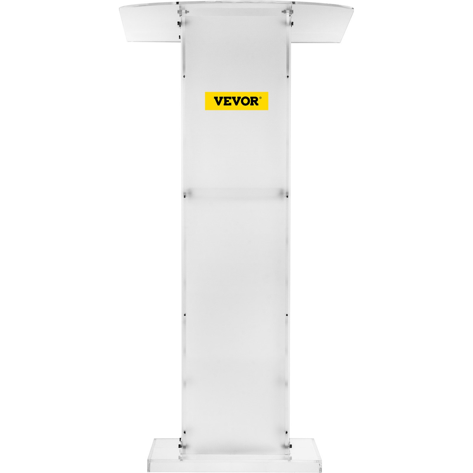 Podio de acrílico VEVOR transparente con un diseño elegante y un logotipo amarillo prominente.