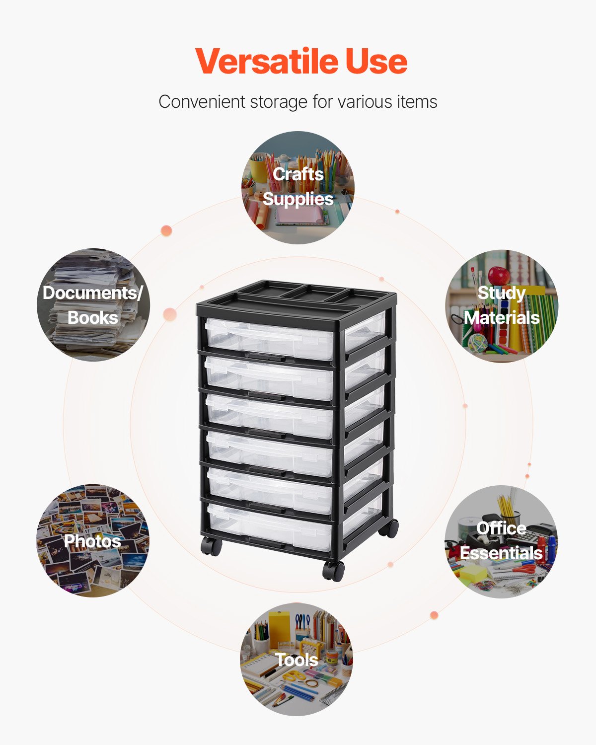 VEVOR - Carrito de almacenamiento con ruedas para álbumes de recortes, 6 niveles de gran capacidad con organizador superior, marco negro con 6 compartimentos transparentes y 4 ruedas extraíbles, organizador de almacenamiento para suministros de arte y manualidades.