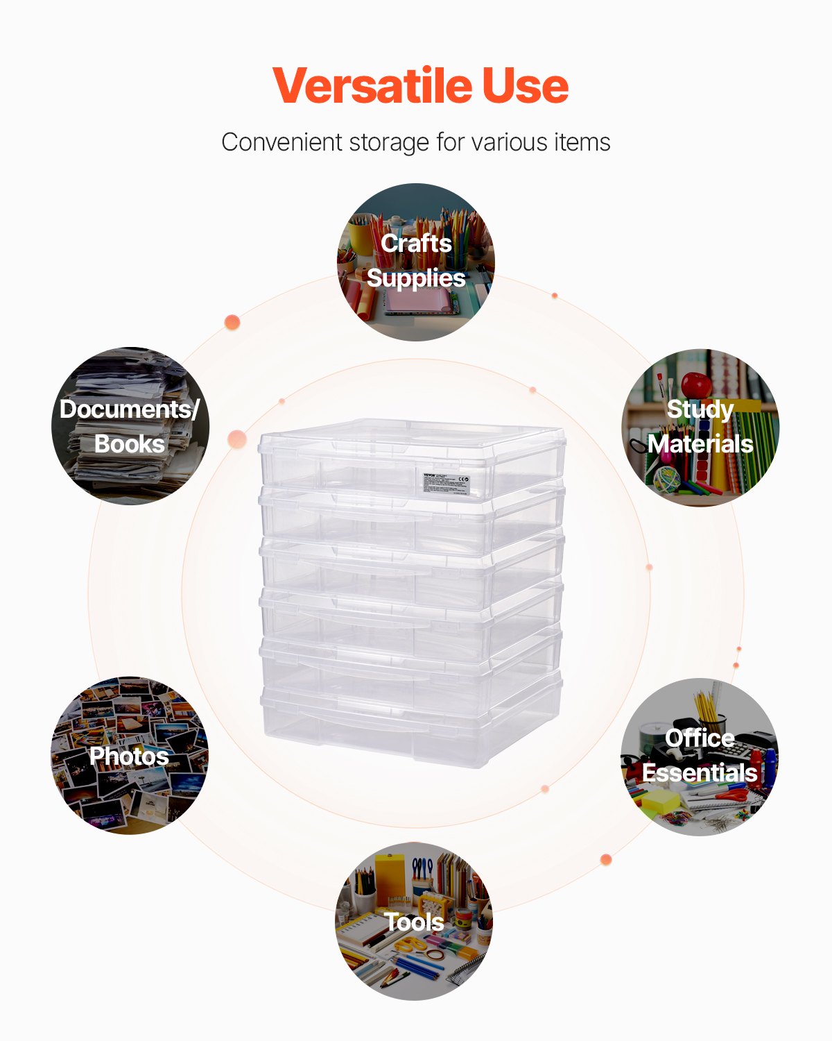 VEVOR - Cajas de plástico apilables para guardar papel de álbum de recortes (6 unidades), transparente, multiusos, con esquinas redondeadas y cierres dobles, para artículos esenciales de oficina, herramientas, manualidades y mucho más.