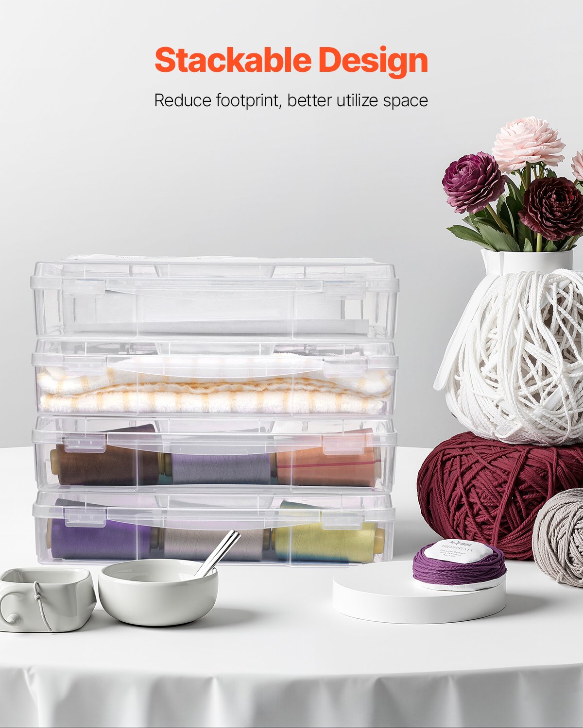 VEVOR - Cajas de plástico apilables para guardar papel de álbum de recortes (4 unidades), transparente, multiusos, con esquinas redondeadas y cierres dobles, para artículos esenciales de oficina, herramientas, manualidades y mucho más.