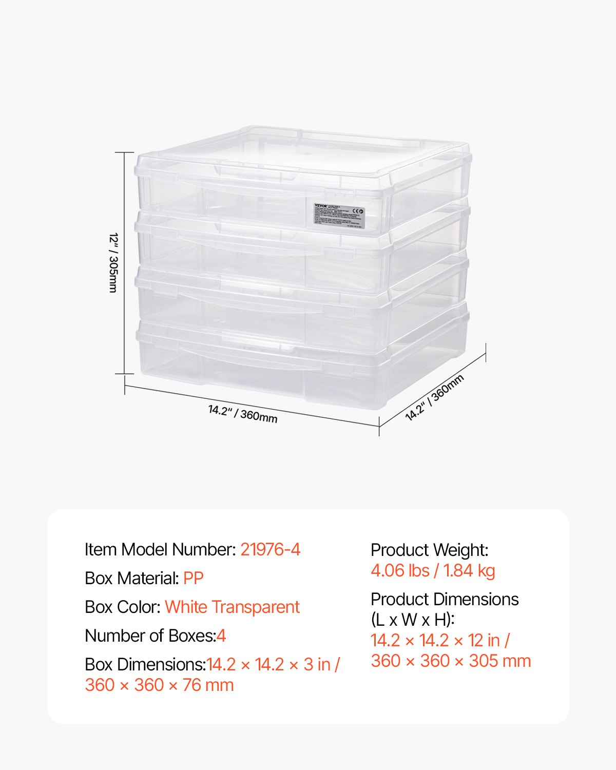 VEVOR - Cajas de plástico apilables para guardar papel de álbum de recortes (4 unidades), transparente, multiusos, con esquinas redondeadas y cierres dobles, para artículos esenciales de oficina, herramientas, manualidades y mucho más.