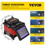 Empalmador de fusión de fibra VEVOR con características y especificaciones del producto a prueba de polvo, humedad, golpes y congelación.