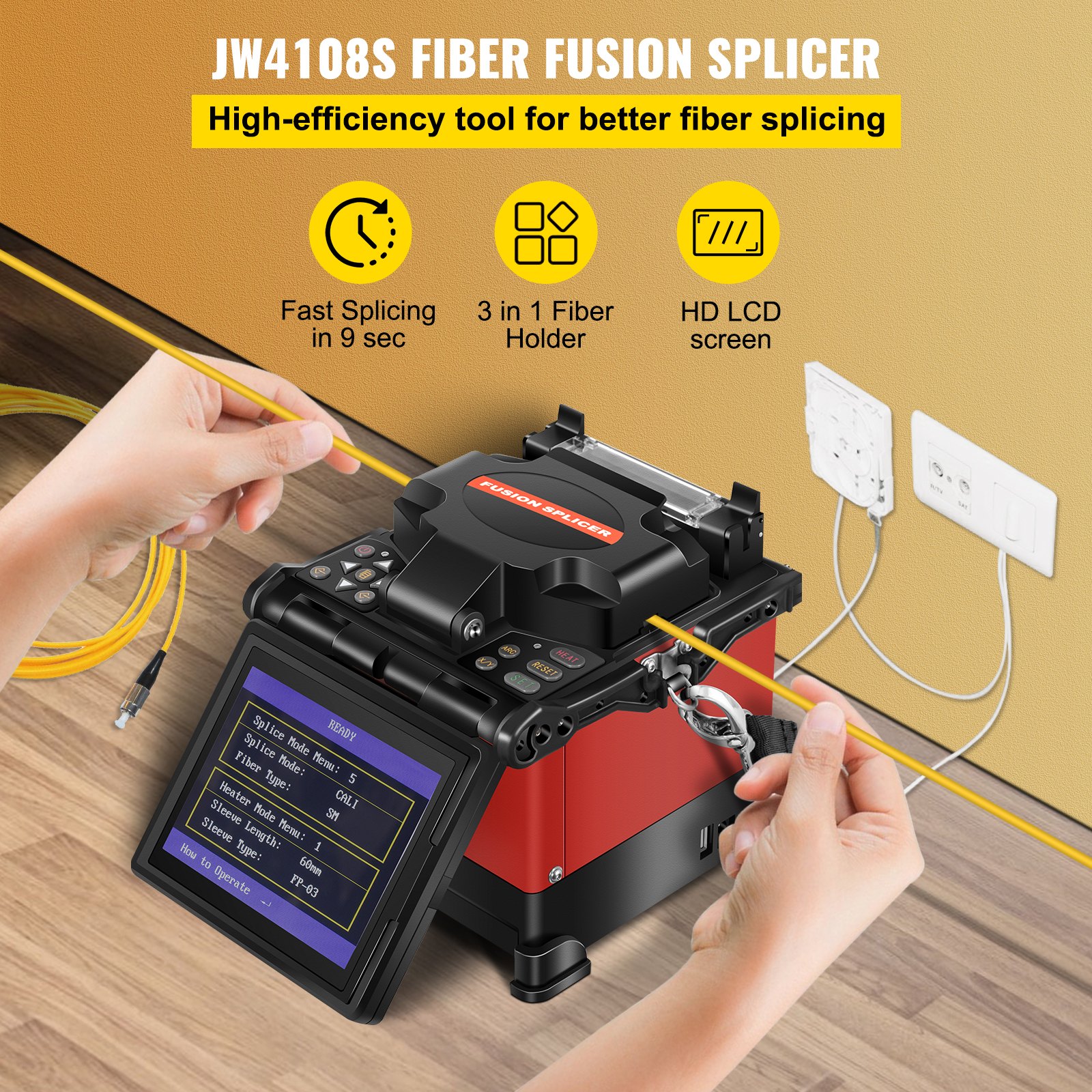Empalmador de fusión de fibra jw4108s que presenta empalme rápido, soporte de fibra 3 en 1 y pantalla LCD de alta definición.