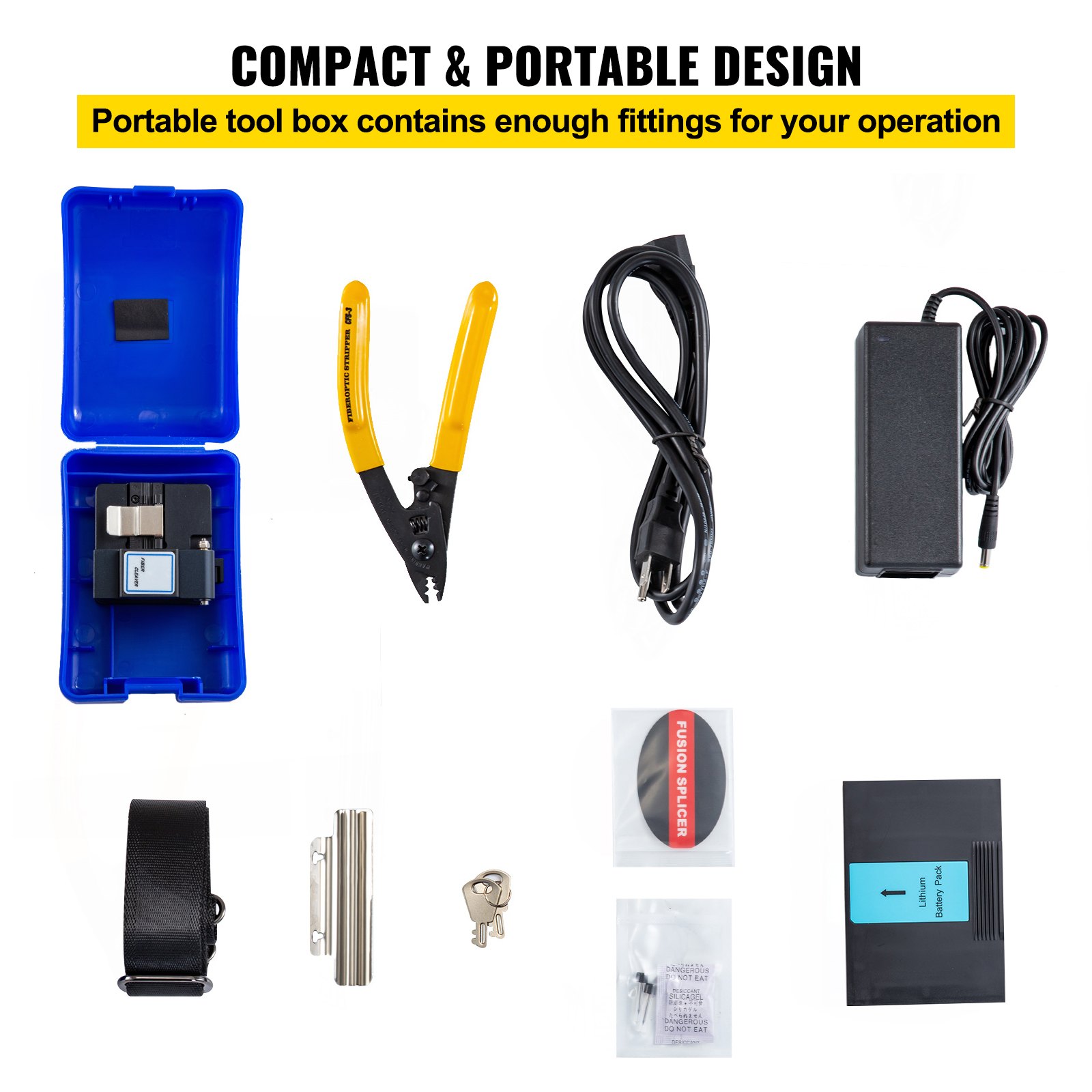 Kit de herramientas empalmador de fusión de fibra VEVOR con estuche azul, alicates, cable y accesorios.