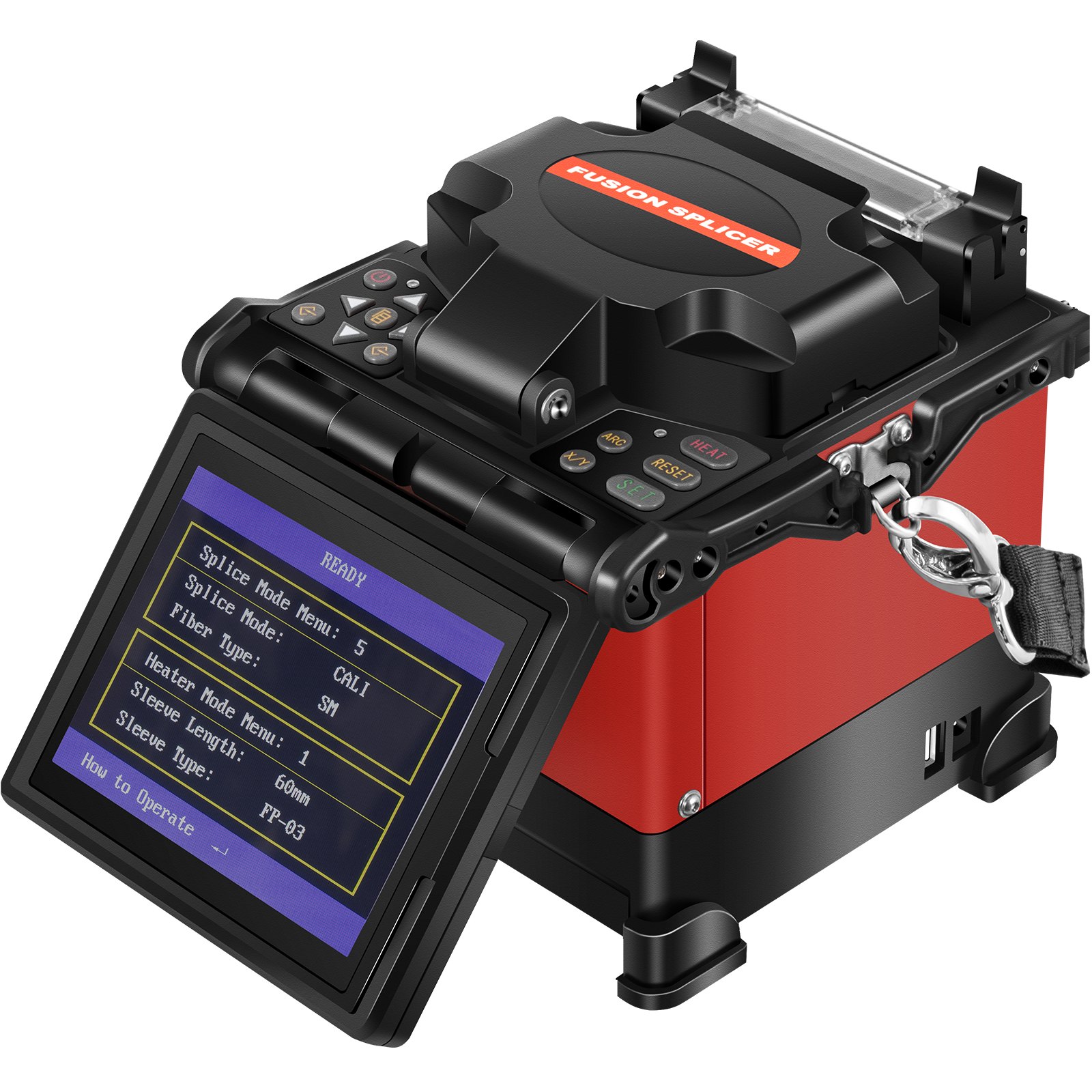 Empalmador de fusión de fibra VEVOR con pantalla digital que muestra la configuración y carcasa roja.