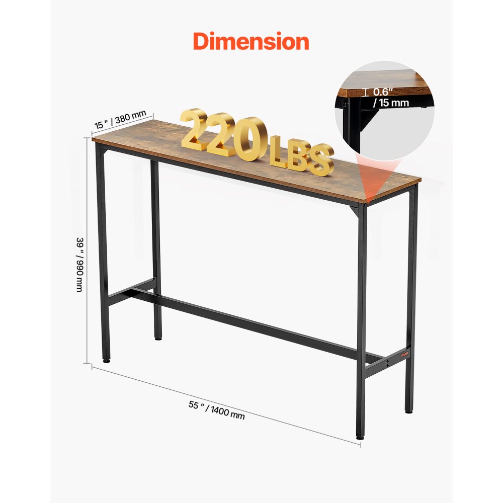 Mesa de bar VEVOR, mesa alta de pub con estructura metálica resistente, mesa estrecha y larga para cocina o comedor, mostrador de cócteles, fácil de montar, 55x15x39 pulgadas, para fiestas en la sala de estar, color marrón rústico y negro.