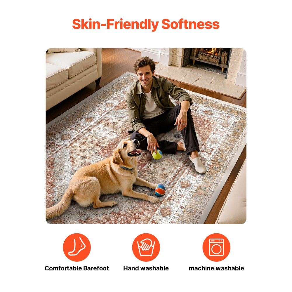 VEVOR Alfombra Suave de 2,4 x 3 m Alfombra de Área Pelo Corto Antideslizante Resistente al Desgarro Elegante Ideal para Dormitorio, Oficina, Sala de Estar, Habitación Infantil, Entrada, Marrón Rojo