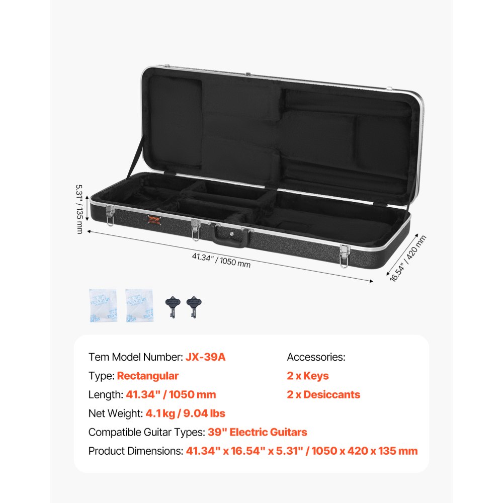 VEVOR Estuche rígido para guitarra eléctrica, rectangular de 105 cm, con cerradura, pestillo y asa con llave, acolchado ABS, forro suave, resistente al agua, para guitarra eléctrica de 99 cm, color negro