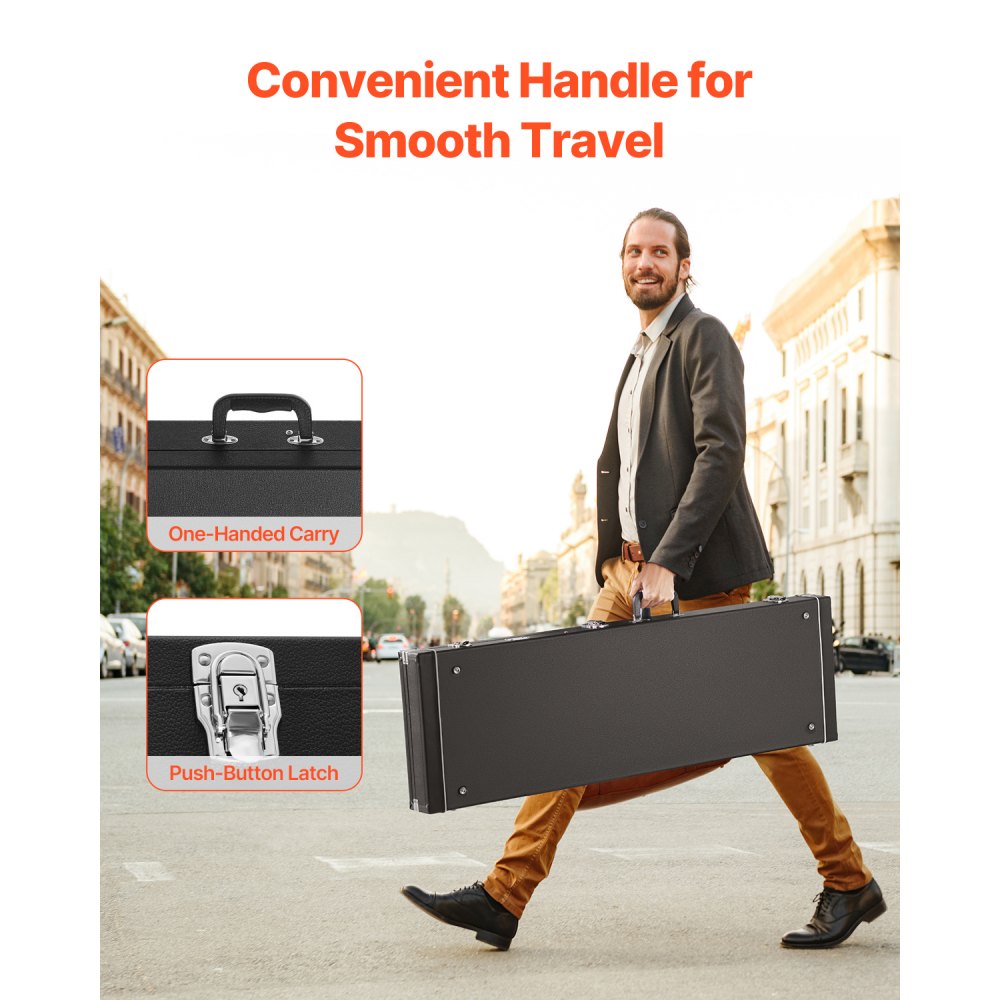 VEVOR Estuche rígido para bajo, rectangular de 122 cm, con cerradura, pestillo, llave y asa, acolchado de PVC, forro suave, resistente al agua, para bajos de 99 a 118 cm, color negro