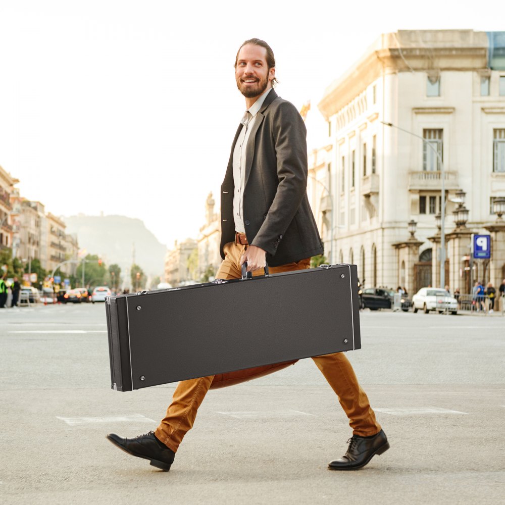 VEVOR Estuche rígido para bajo, rectangular de 122 cm, con cerradura, pestillo, llave y asa, acolchado de PVC, forro suave, resistente al agua, para bajos de 99 a 118 cm, color negro