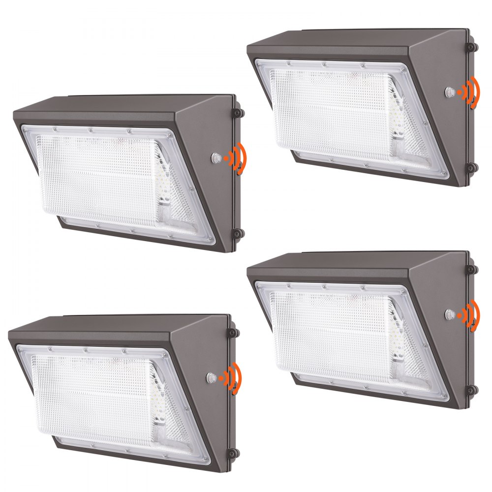 VEVOR Paquete de 4 luces LED de pared, 120 W, 11000 lm, 5000 K, luces comerciales para exteriores, iluminación de seguridad, con detección de luz inteligente, 240 cuentas LED, ahorro de energía para garajes, patios, IP65 a prueba de agua