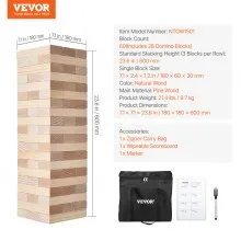 Juguete de madera para volteo, 60 bloques, torre de bloques gigantes, juego de bloques de madera de pino