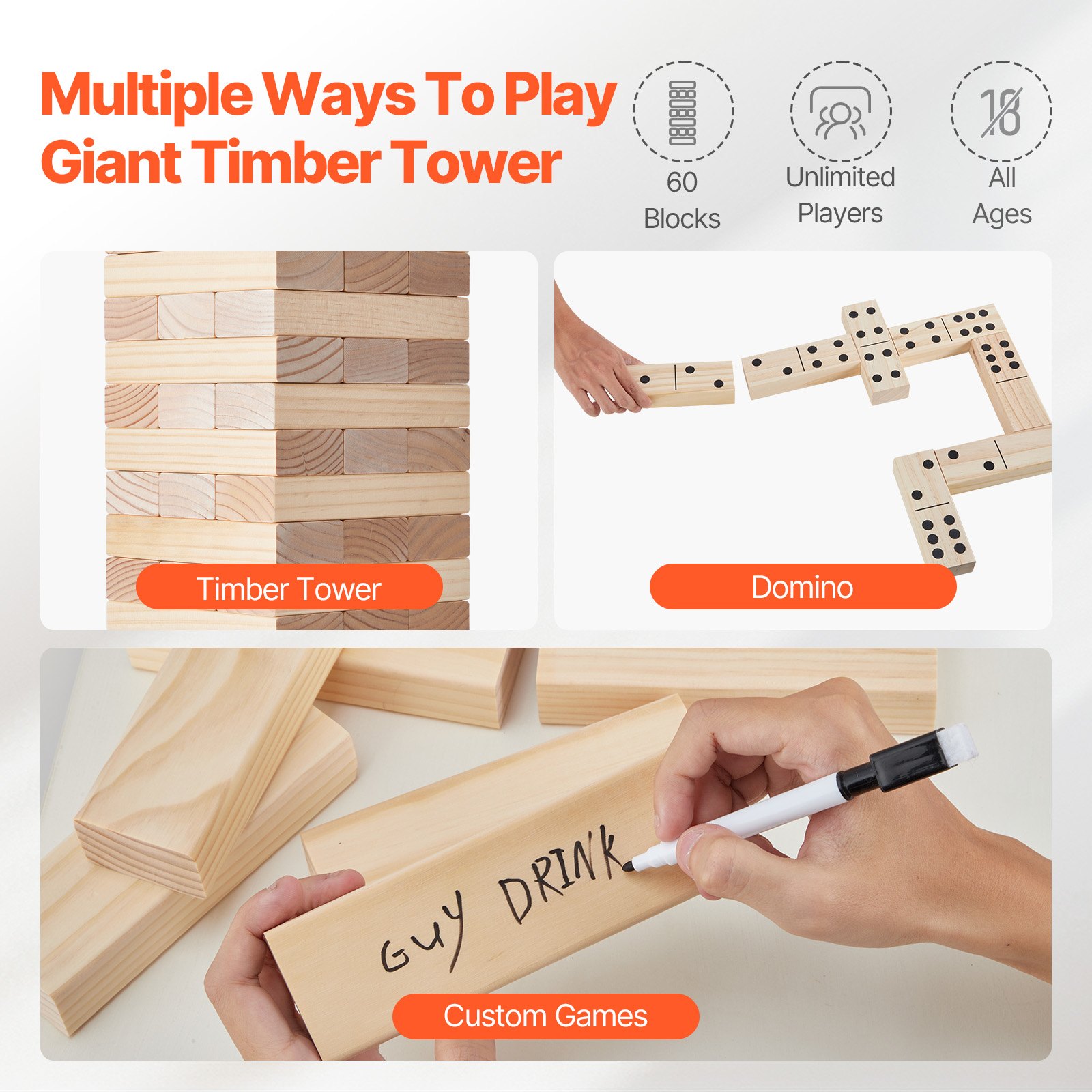 Juguete de madera para volteo, 60 bloques, torre de bloques gigantes, juego de bloques de madera de pino