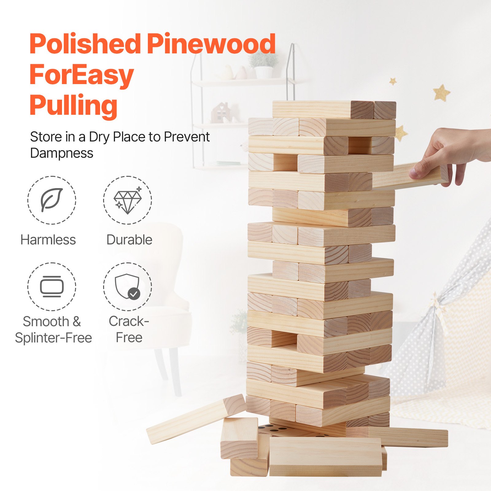 Juguete de madera para volteo, 60 bloques, torre de bloques gigantes, juego de bloques de madera de pino