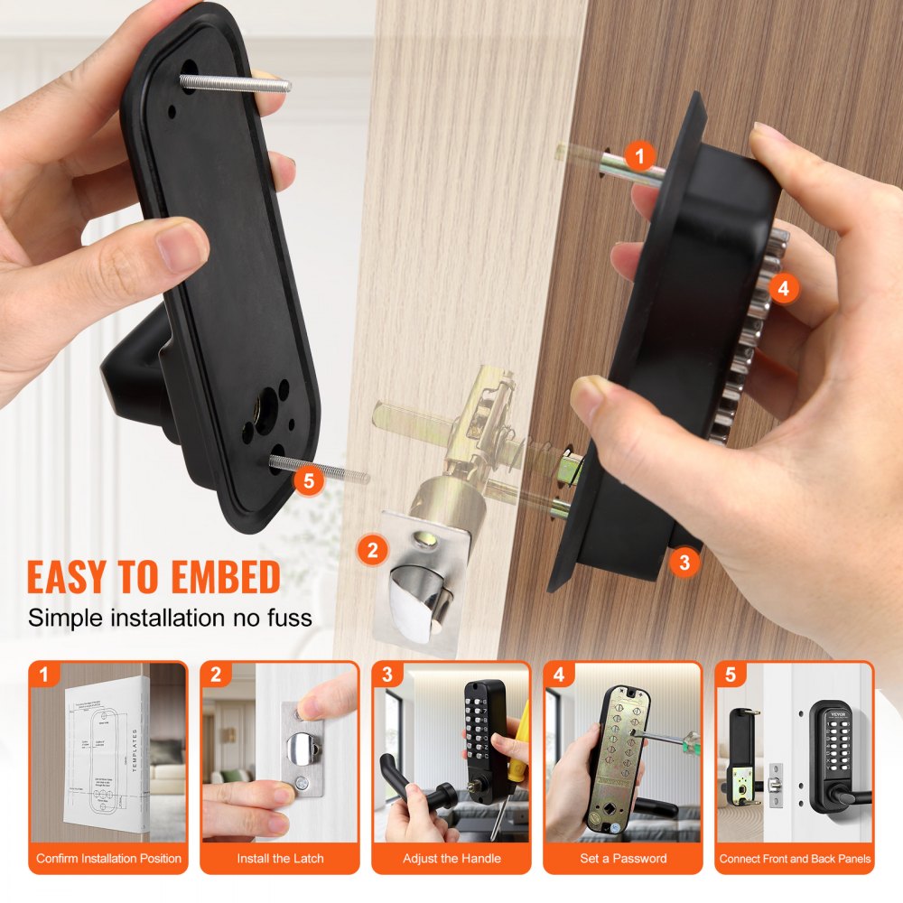 VEVOR Cerradura mecánica para puerta de entrada sin llave, teclado de 14 dígitos, juego de cerraduras integradas para puerta exterior con teclado y manija, aleación de zinc resistente al agua, fácil d