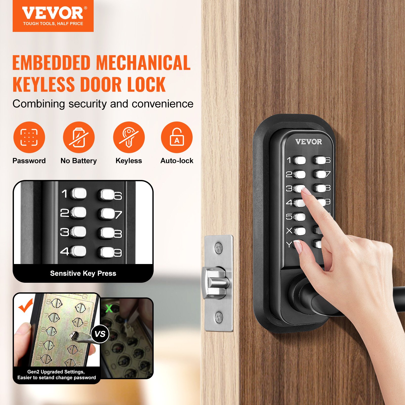 VEVOR Cerradura mecánica para puerta de entrada sin llave, teclado de 14 dígitos, juego de cerraduras integradas para puerta exterior con teclado y manija, aleación de zinc resistente al agua, fácil d