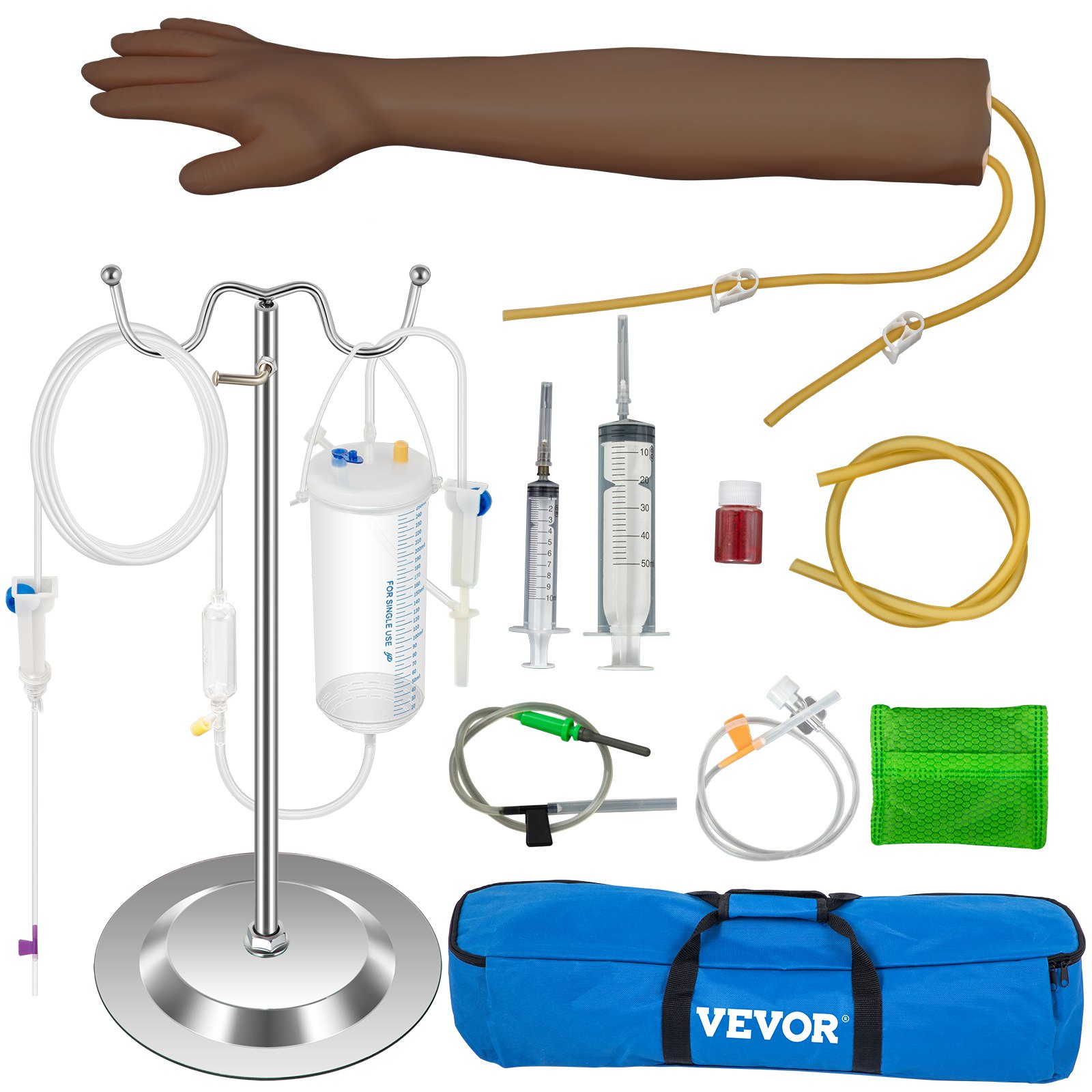 Kit de práctica de flebotomía VEVOR con brazo, tubos, jeringas y bolsa de transporte azul.