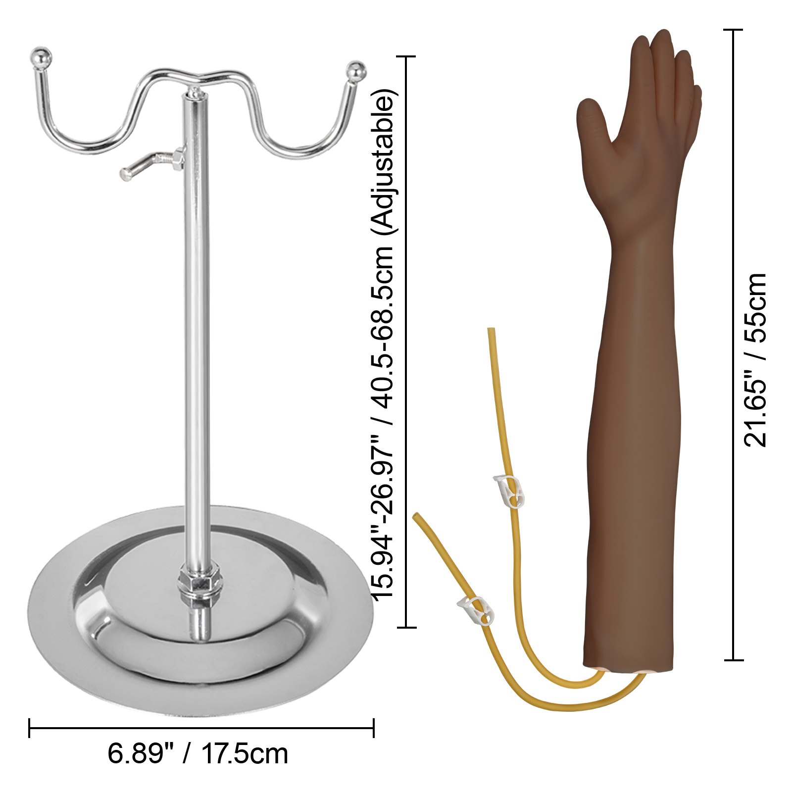 Kit de práctica de flebotomía VEVOR con soporte ajustable y modelo de brazo con tubos.