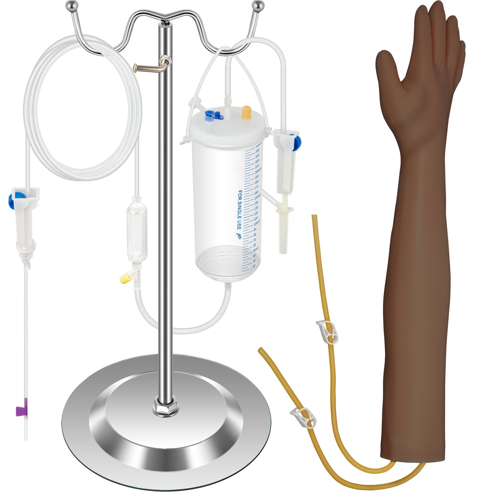 Kit de práctica de flebotomía VEVOR con soporte intravenoso y brazo simulado.