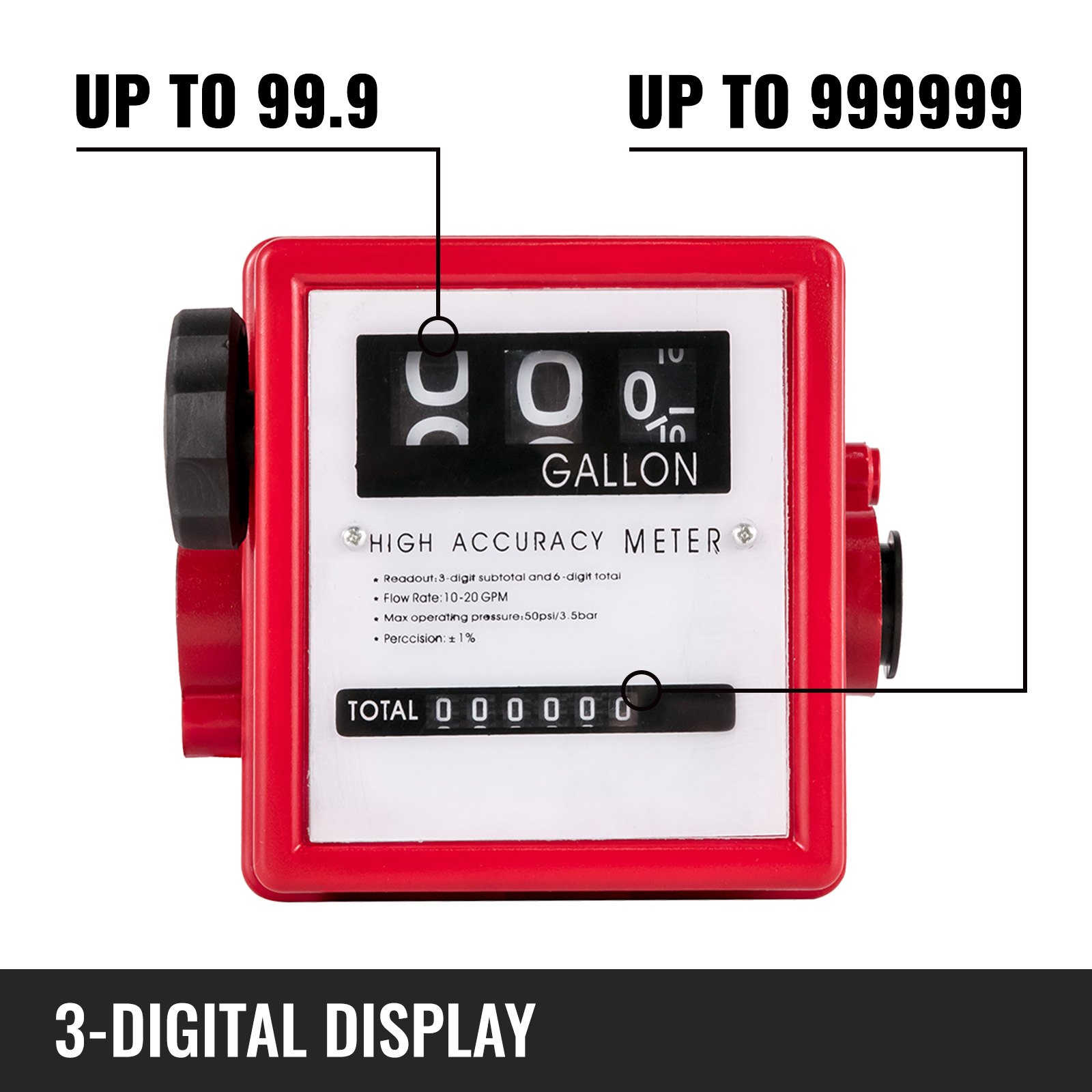 Medidor mecánico de combustible VEVOR Medidor de flujo de combustible de 20 GPM Pantalla de 3 lotes digitales Medidor de transferencia de combustible Medidor de flujo de combustible diesel de 1 pulgada Todas las bombas de transferencia de combustible Medidor de flujo de gasolina