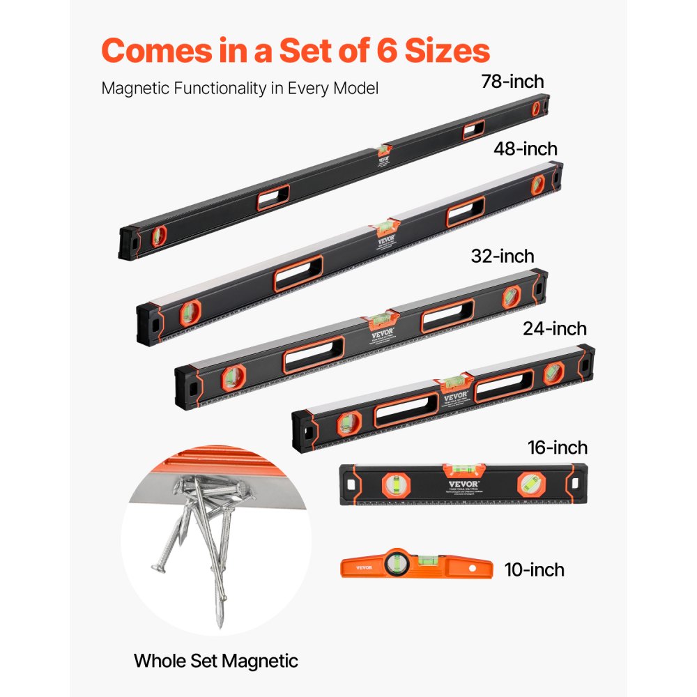 VEVOR - Nivel torpedo de 6 piezas (78/48/32/24/16/10 pulgadas), juego de niveles magnéticos, regla de burbuja para 45/90/180 grados, nivelador magnético de caja de aleación de aluminio, resistente a golpes, escala SAE y métrica.