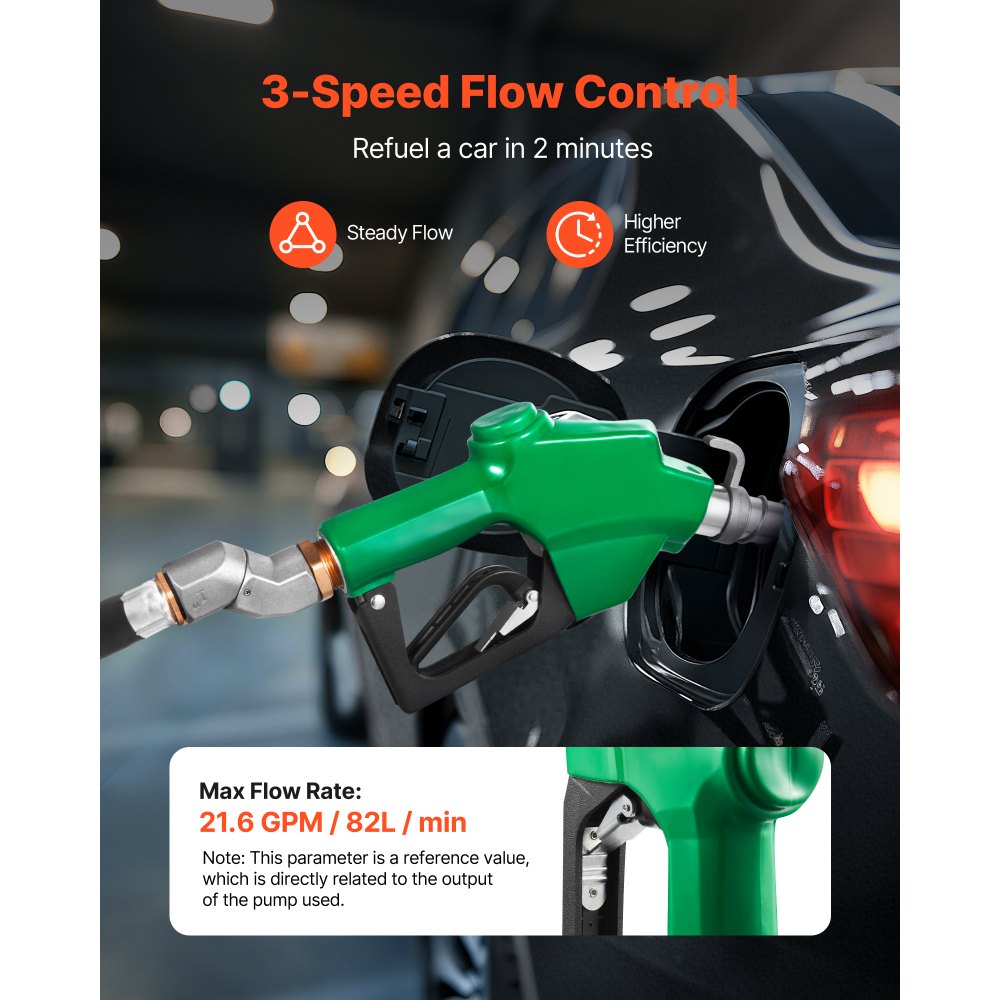 VEVOR Boquilla de combustible automática NPT de 1 pulgada, caudal máximo de 21,6 GPM, apagado automático, con bloqueo de gatillo de 3 velocidades y boquilla de 1-3/16 in (diámetro exterior = 30,1 mm)
