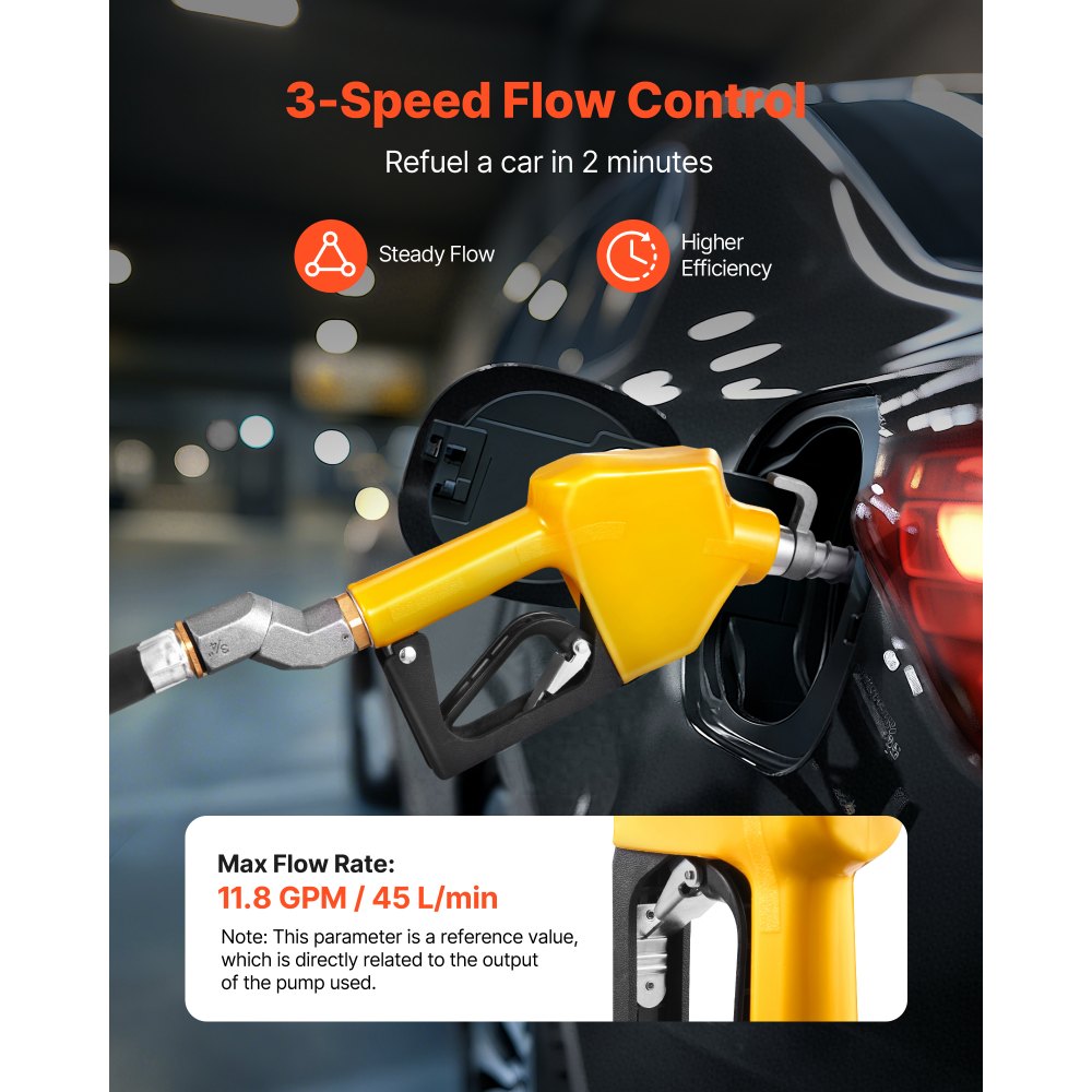 VEVOR Boquilla de combustible automática NPT de 3/4 de pulgada, caudal máximo de 11,8 GPM, apagado automático, bloqueo de gatillo de 3 velocidades y boquilla de 0,78 pulgadas (diámetro exterior 20 mm)