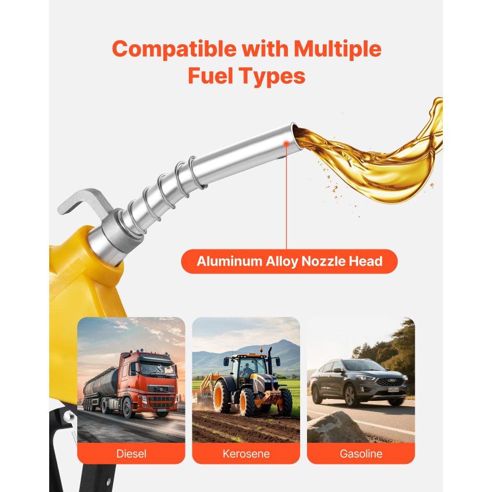 VEVOR Boquilla de combustible automática NPT de 3/4 de pulgada, caudal máximo de 11,8 GPM, apagado automático, bloqueo de gatillo de 3 velocidades y boquilla de 0,78 pulgadas (diámetro exterior 20 mm)