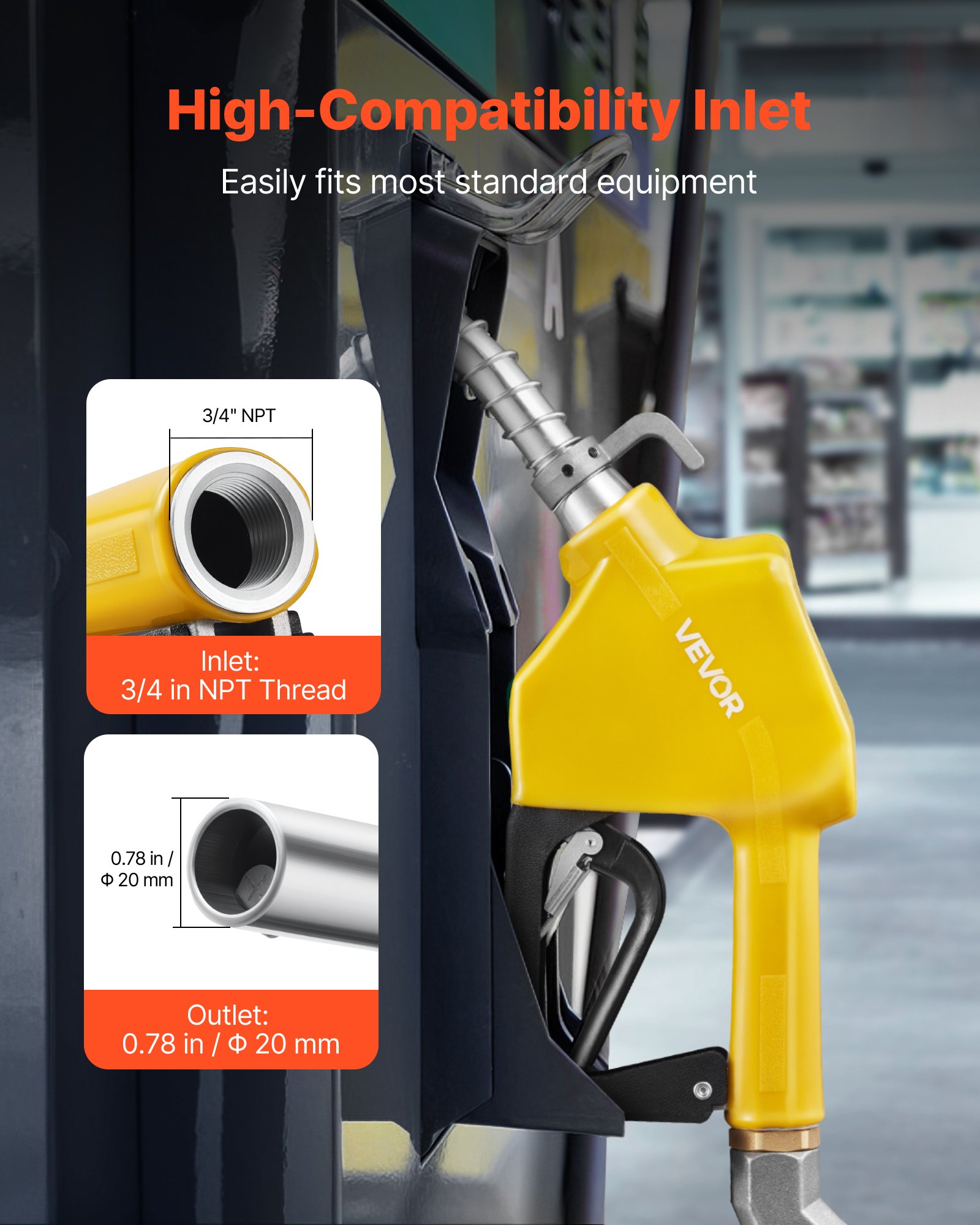VEVOR - Boquilla de combustible automática NPT de 3/4 de pulgada, caudal máximo de 11,8 GPM, apagado automático, con bloqueo de gatillo de 3 velocidades y boquilla de 0,78 pulgadas (diámetro exterior = 20 mm) para gasolina, diésel y queroseno, color amarillo