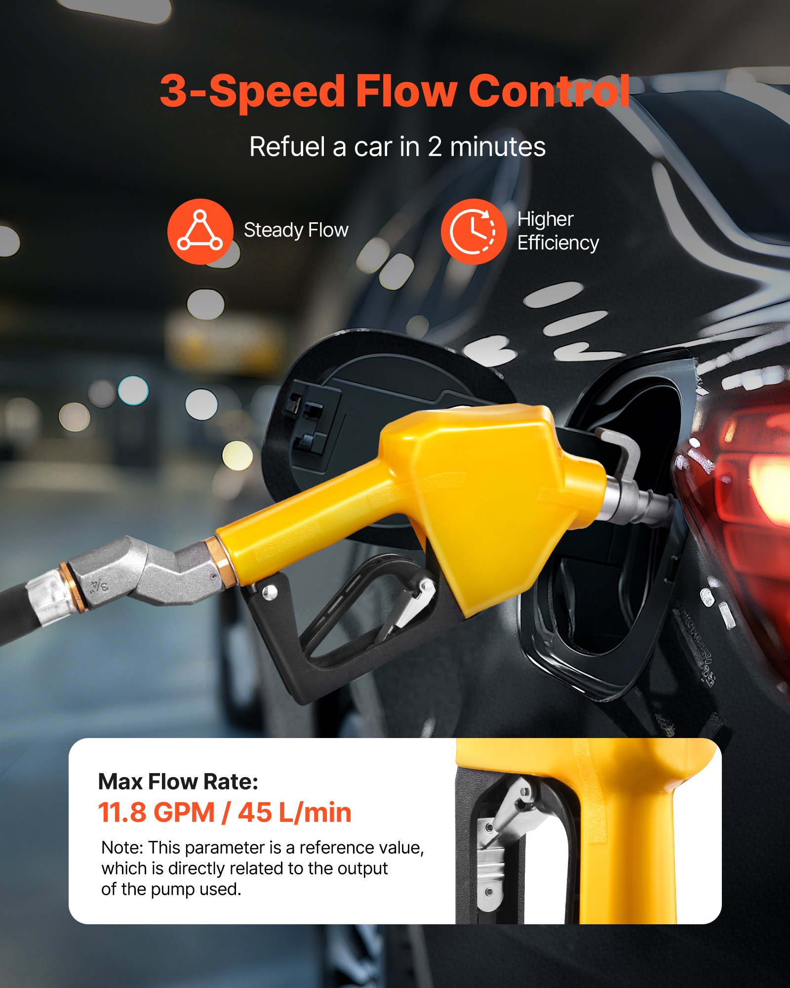 VEVOR - Boquilla de combustible automática NPT de 3/4 de pulgada, caudal máximo de 11,8 GPM, apagado automático, con bloqueo de gatillo de 3 velocidades y boquilla de 0,78 pulgadas (diámetro exterior = 20 mm) para gasolina, diésel y queroseno, color amarillo