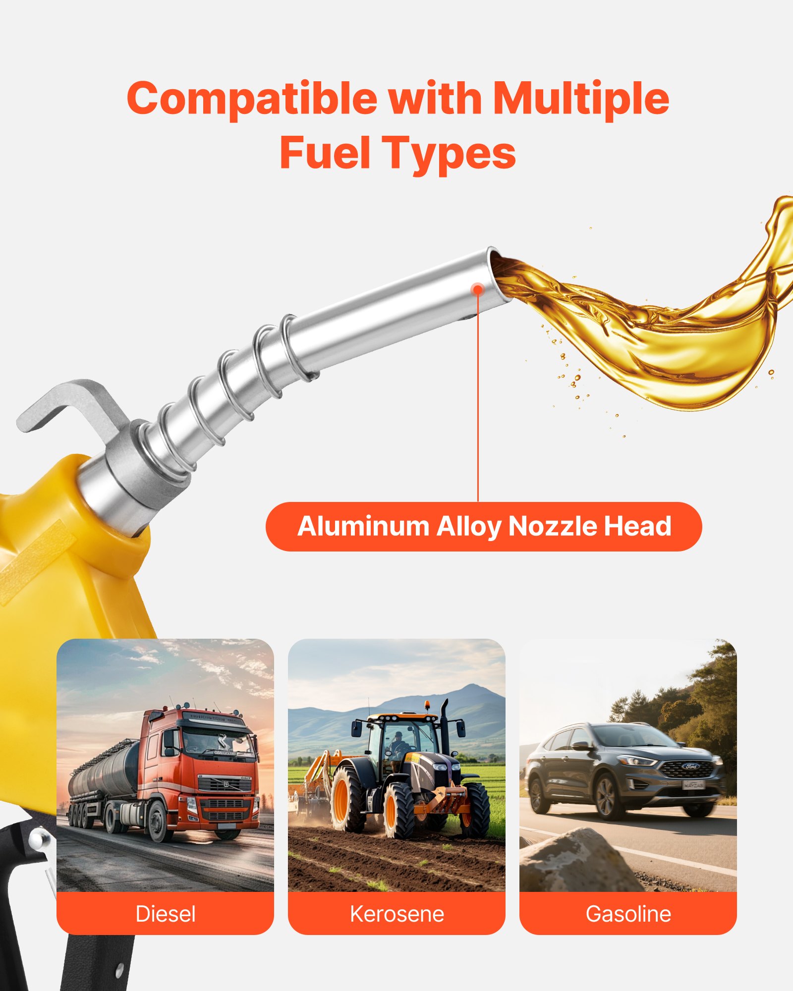 VEVOR - Boquilla de combustible automática NPT de 3/4 de pulgada, caudal máximo de 11,8 GPM, apagado automático, con bloqueo de gatillo de 3 velocidades y boquilla de 0,78 pulgadas (diámetro exterior = 20 mm) para gasolina, diésel y queroseno, color amarillo