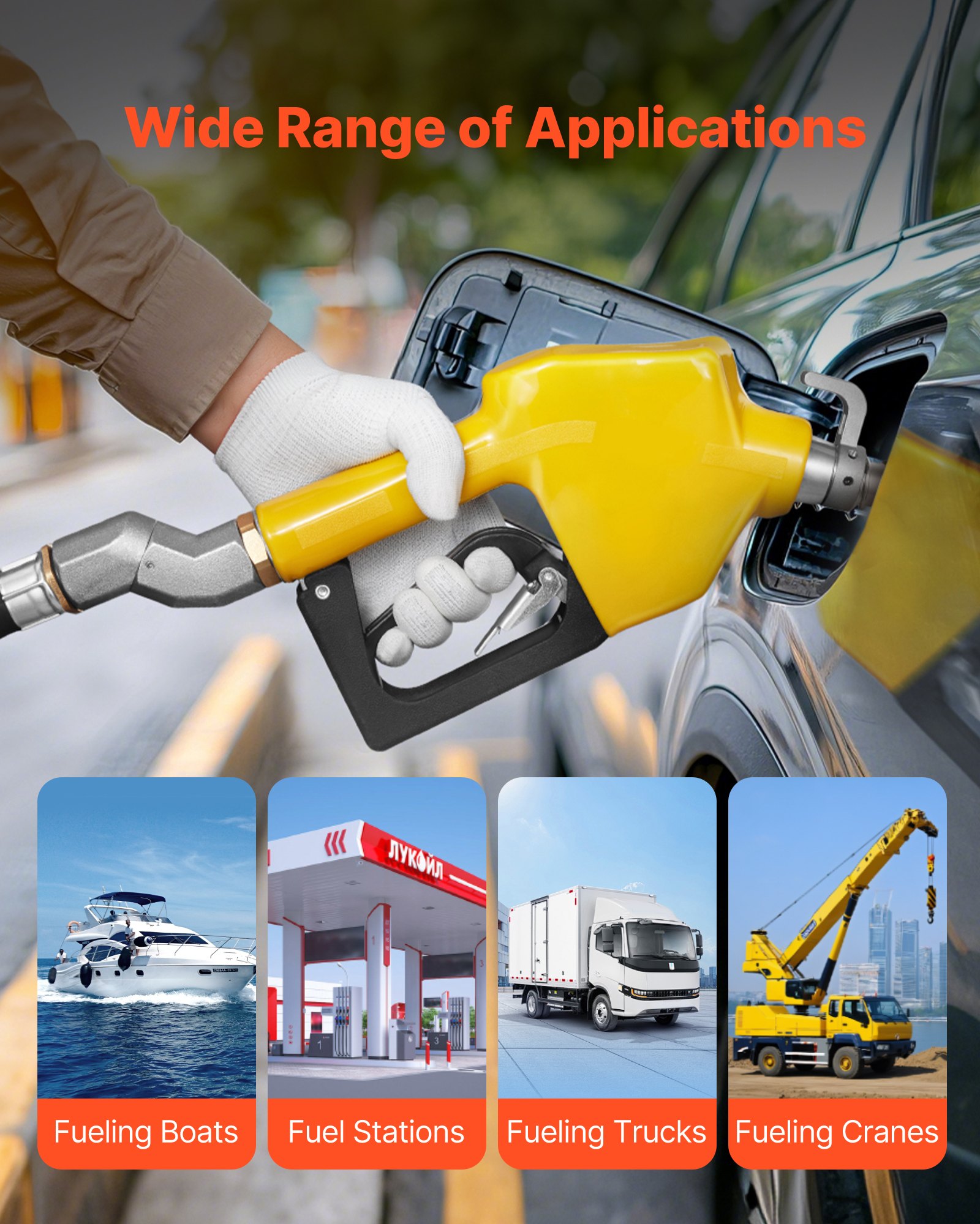 VEVOR - Boquilla de combustible automática NPT de 3/4 de pulgada, caudal máximo de 11,8 GPM, apagado automático, con bloqueo de gatillo de 3 velocidades y boquilla de 0,78 pulgadas (diámetro exterior = 20 mm) para gasolina, diésel y queroseno, color amarillo