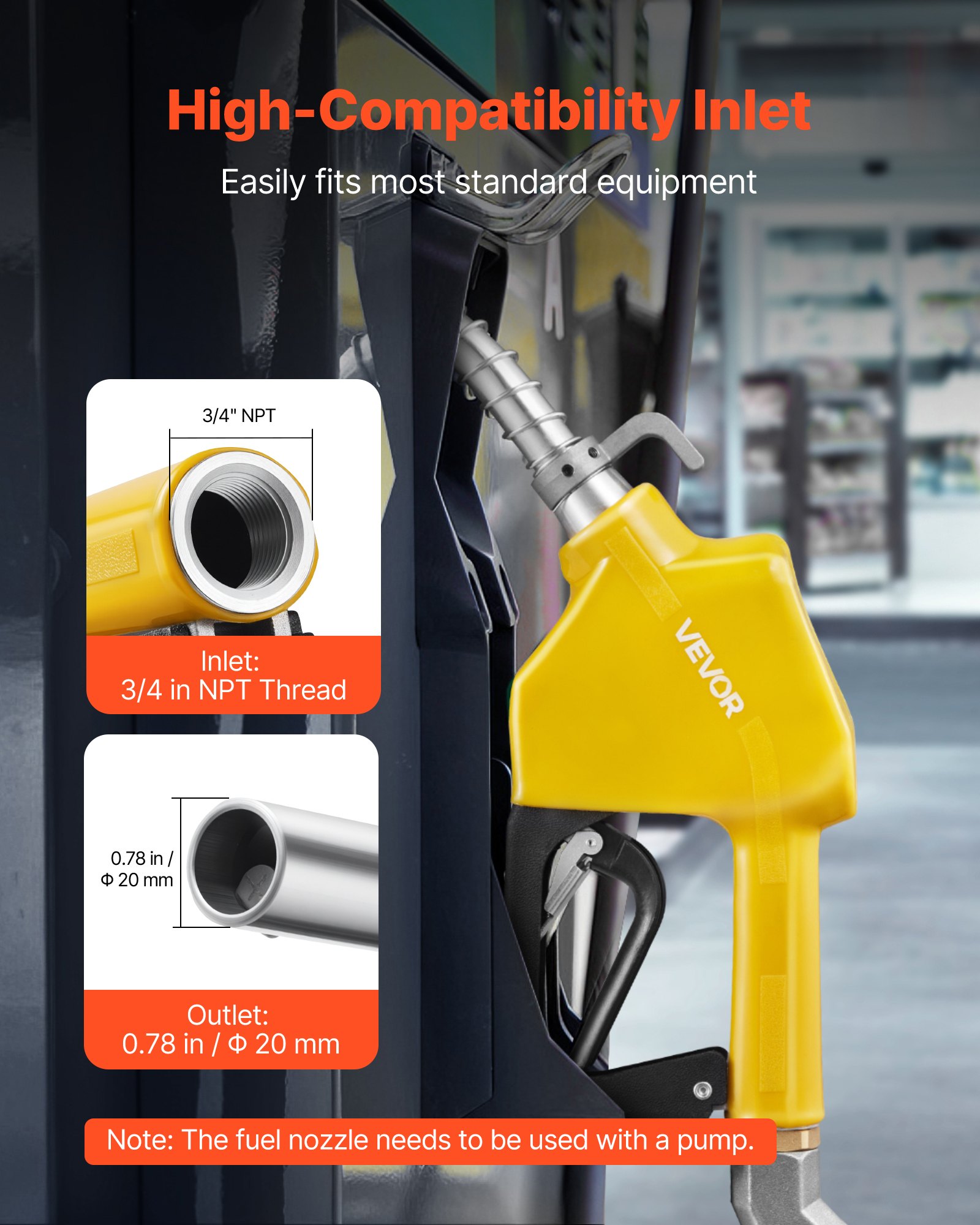 VEVOR Boquilla de combustible automática NPT de 3/4 de pulgada, caudal máximo de 11,8 GPM, apagado automático, bloqueo de gatillo de 3 velocidades y boquilla de 0,78 pulgadas (diámetro exterior 20 mm)